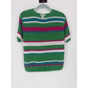 Patchington Women Green Multi-Color‎ Striped Short Sleeve Knit Sweater Large